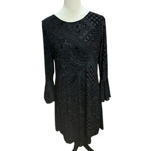 New Directions Dress Womens M Black Long Sleeve  Bell Sleeve Velvet Embossed